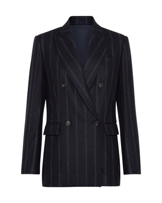 Brunello Cucinelli Blue Pinstriped Straight Hem Blazer