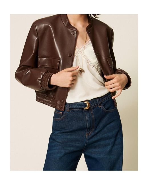 Twinset Brown Faux Leather Bomber Jacket With Pockets