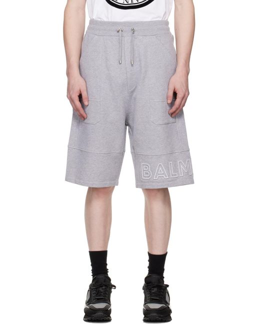 Balmain Gray Reflective Logo Bermuda Shorts for men