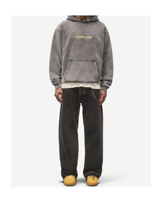 Represent Gray Embroidered Cotton Hoodie for men