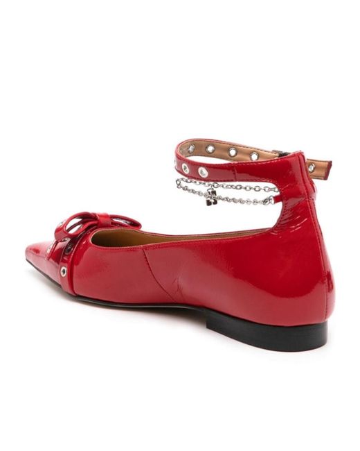 Ganni Red Bow-Detail Ankle Strapped Ballet Flats