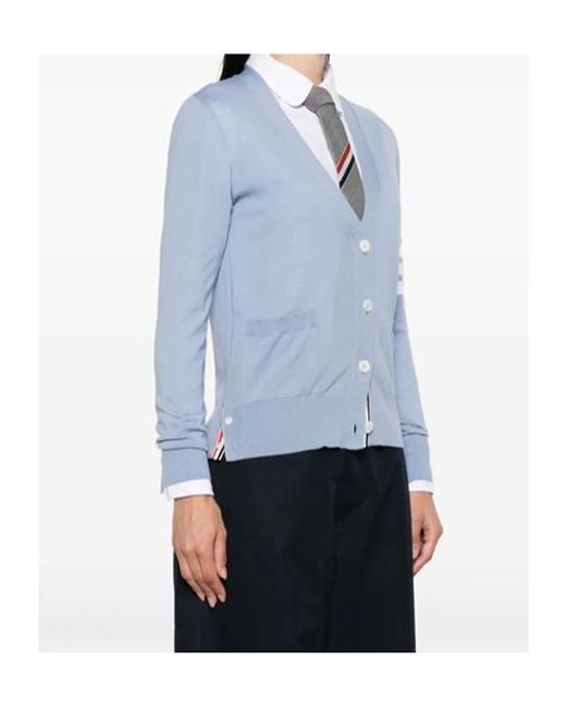 Thom Browne Blue 4-Bar V-Neck Knitted Cardigan