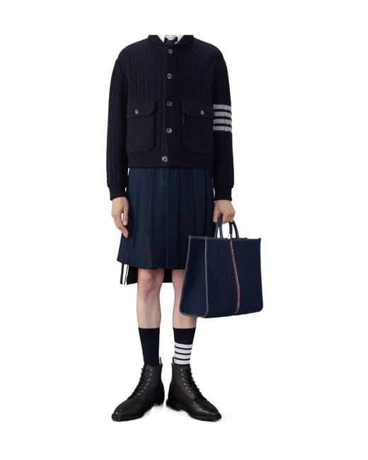 Thom Browne Blue Bar Stripe Cable-Knit Bomber Jacket for men