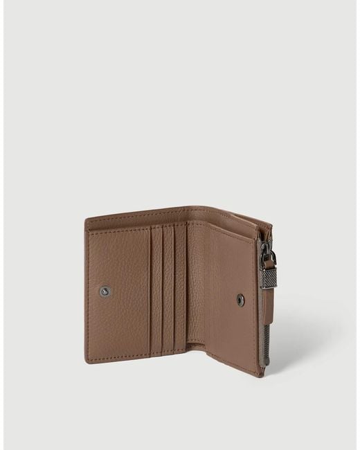 Brunello Cucinelli Brown Grained Calfskin Compact Wallet With Shiny Zipper Pull