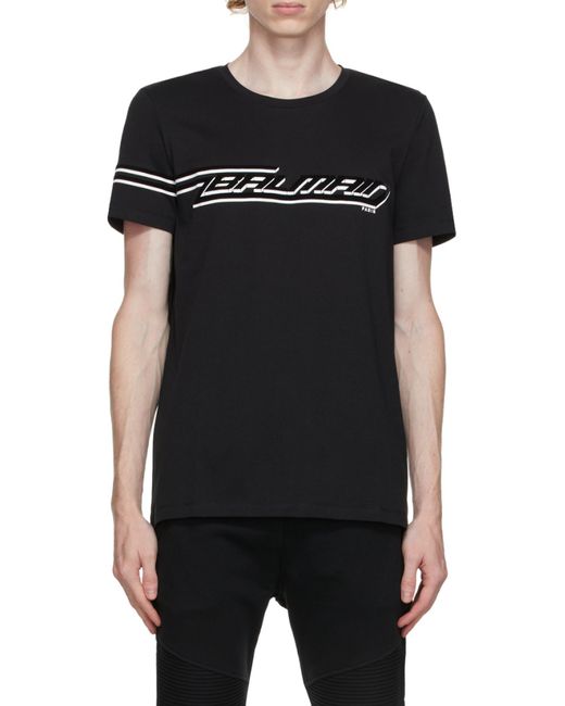 Balmain Black Flocked Cotton T-Shirt With Logo Print for men