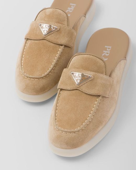 Prada White Triangle-Logo Round-Toe Slippers