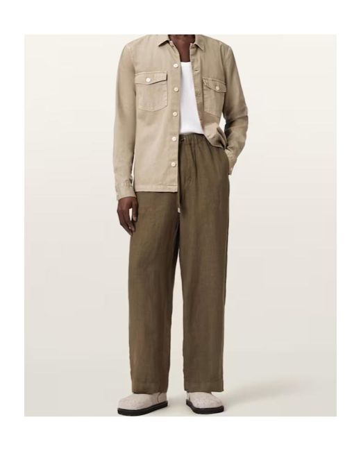 AllSaints Green Sharp Straight Leg Linen Trousers for men