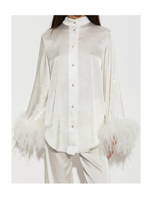 Oseree White Oséree Feather-Trim Button-Up Top