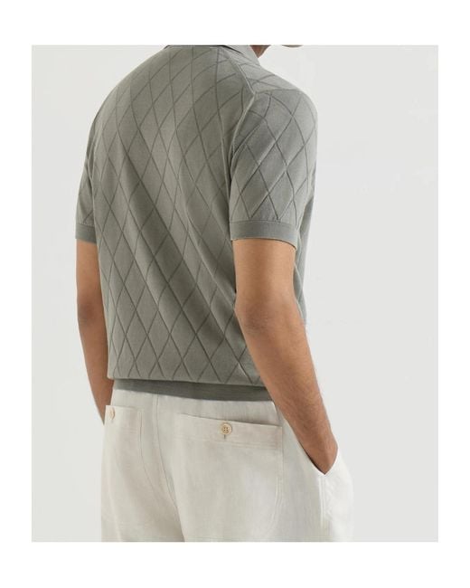 Brunello Cucinelli Gray Cotton Textured Argyle Lightweight Knit Polo Shirt for men
