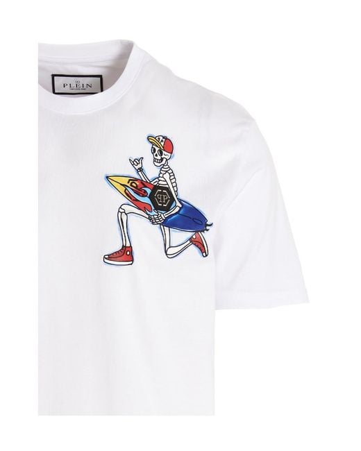 Philipp Plein White Pattern Splicing Design T-Shirt for men