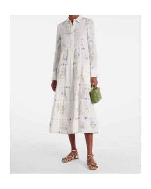 Erdem White Floral Printed Tiered Linen Shirt Dress