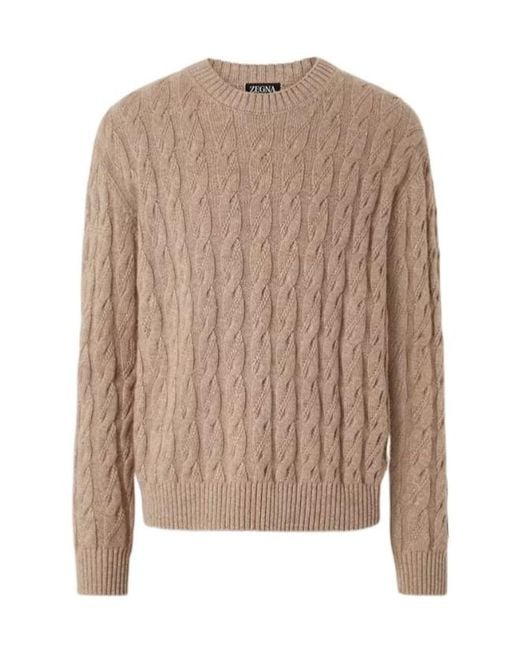Zegna Brown Cable-Knit Crew Neck Knitted Sweater for men