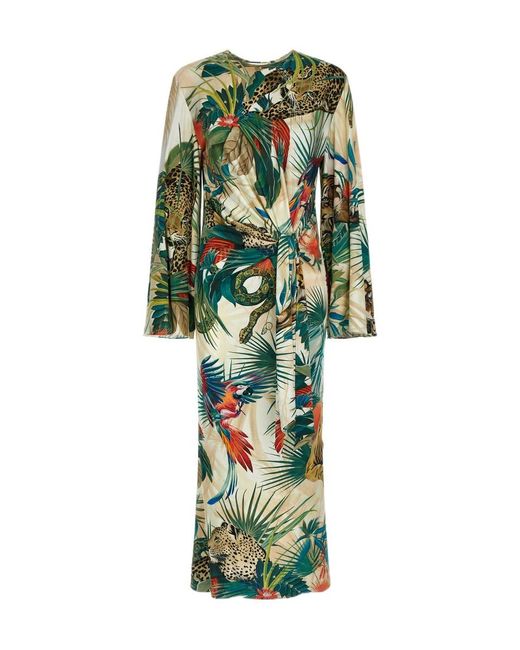 Roberto Cavalli Green Jungle-Print Wrap Dress