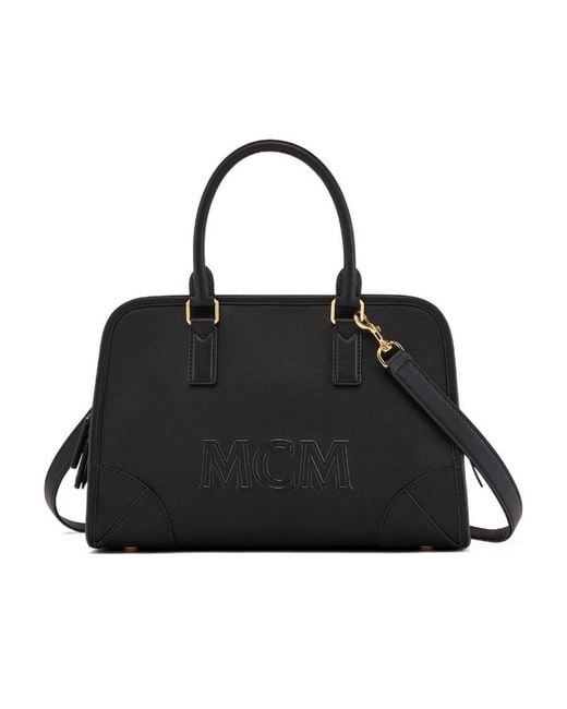 MCM Black Medium Logo Embossed Aren Boston Bag