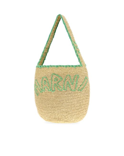 Marni Metallic Large Logo-Embroidered Raffia Tote Bag
