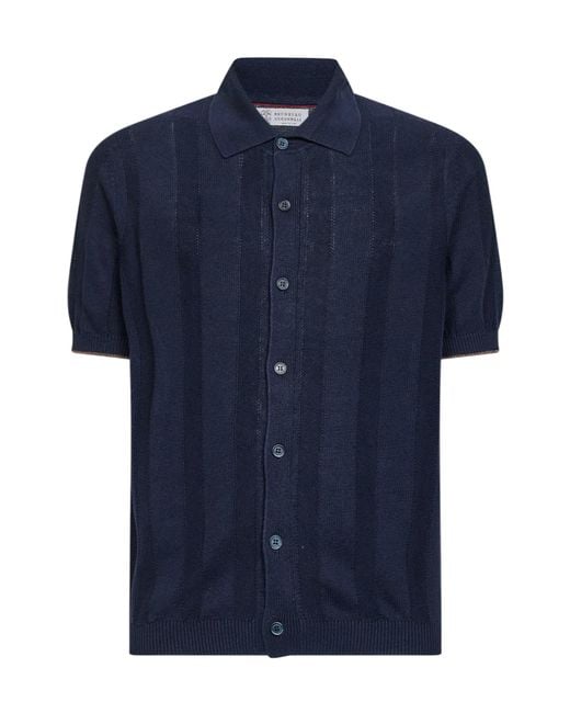Brunello Cucinelli Blue Textured Rib Linen And Cotton Knit Shirt for men
