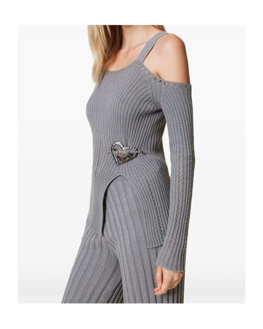 Twinset Gray Brooch-Detail Top