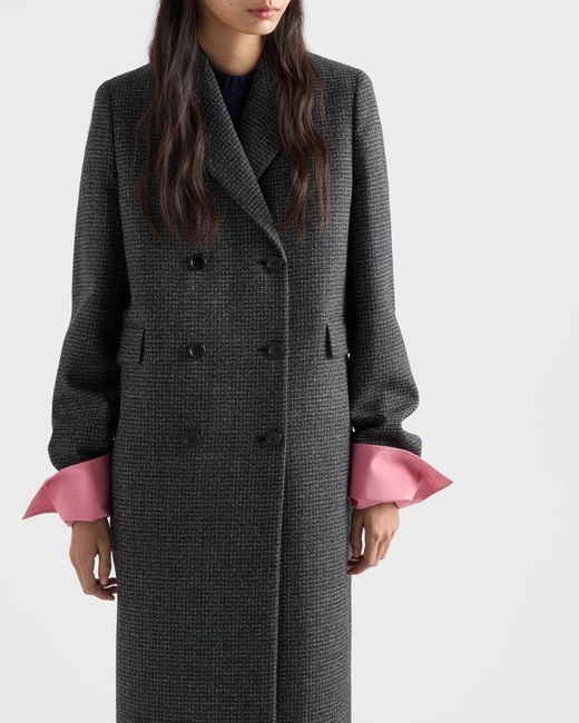 Prada Black Double-Breasted Gingham-Checked Mouliné Wool Coat