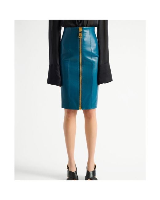 Balmain Blue Zipped Leather Skirt