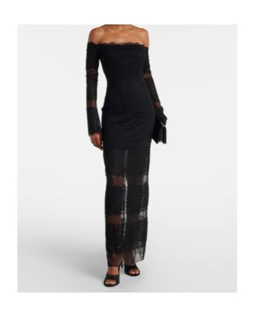 Blumarine Black Off-Shoulder Lace Tulle Maxi Dress
