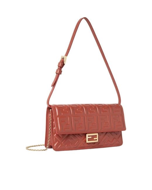 Fendi Brown Baguette Ff Embossed Chain-Linked Wallet