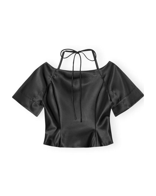 Ganni Black Halterneck Cropped Satin Blouse