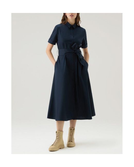 Woolrich Blue Tied-Waist Short-Sleeved Shirt Dress