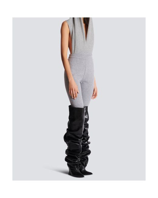 Balmain Gray Draped Bodysuit With Hood