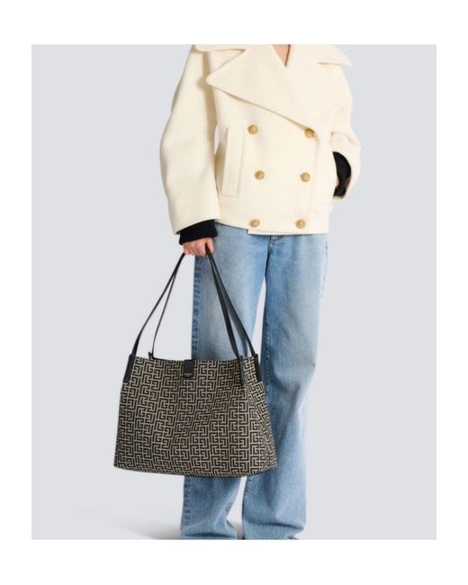 Balmain Black Monogram Jacquard Medium Release Shopper Bag