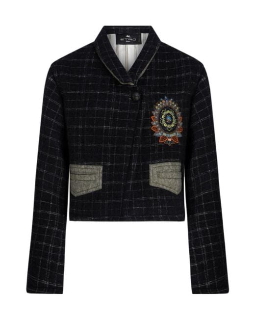Etro Black Floral Embroidered Checked Coat