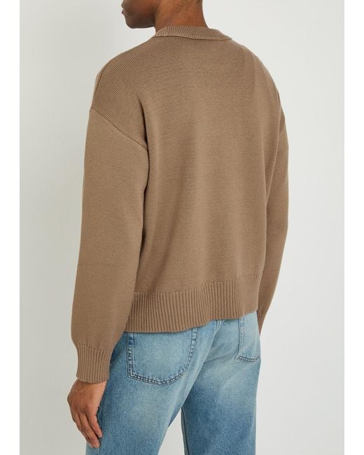 AMI Brown Logo-Intarsia Wool And Cotton-Blend Jumper for men