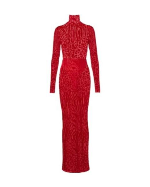 Alex Perry Red Printed Turtleneck Jersey Maxi Dress