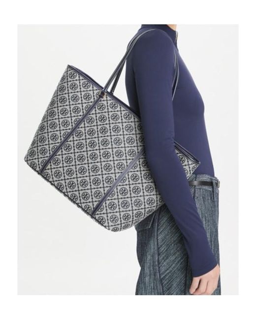 Tory Burch Gray T Monogram Zipped Tote Bag