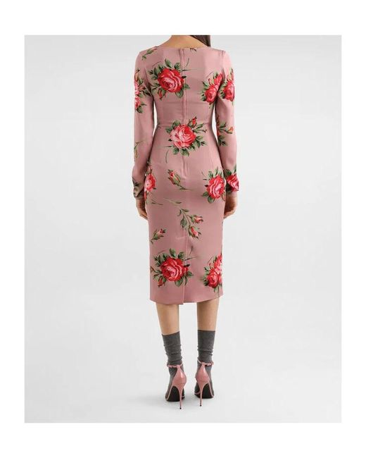 Dolce & Gabbana Pink Long-Sleeved Floral-Print Midi Dress
