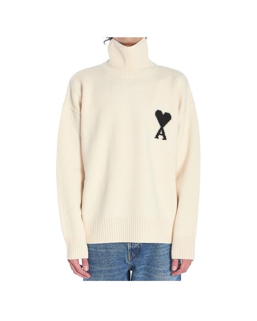AMI White Ami De Coeur Turtleneck Logo Intarsia-Knit Jumper for men