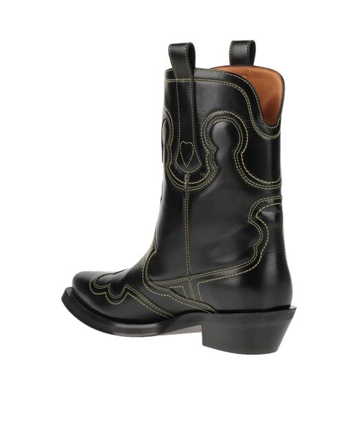 Ganni Black Simple Leather Denim Ankle Boots