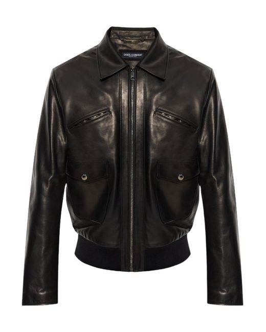 Dolce & Gabbana Black Zip-Front Leather Jacket for men