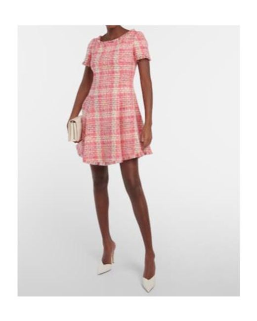 Oscar de la Renta Pink Fringed Checked Tweed Minidress