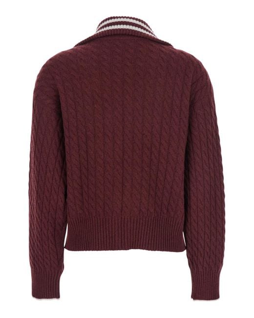 Brunello Cucinelli Red Cardigan With Bicolor Collar And Logo Patch On The Front