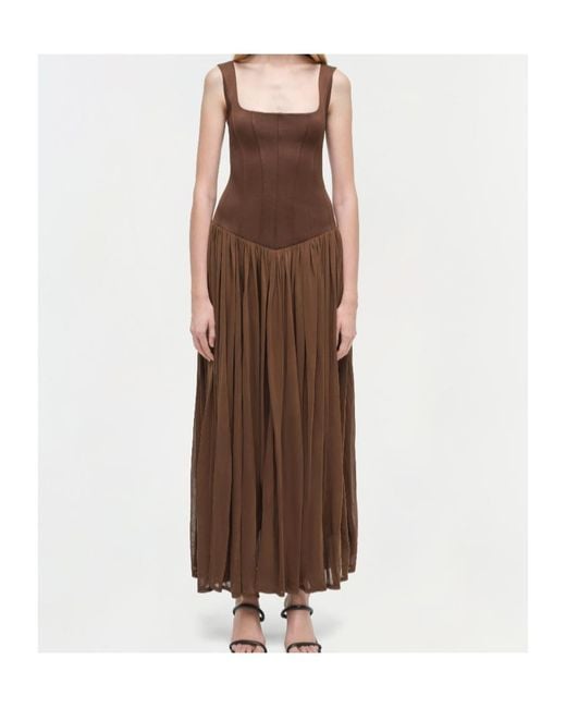 Jonathan Simkhai Brown Corset-Bodice Pleated Midi Day Dress
