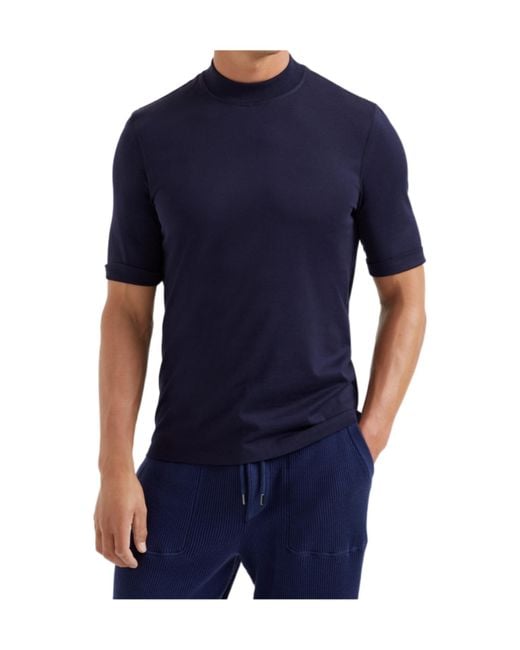 Brunello Cucinelli Blue Jersey Mock Neck T-Shirt for men