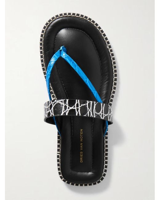 Dries Van Noten Blue Whipstitched Croc-Effect Leather Sandals