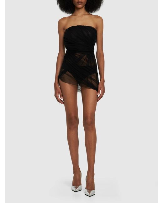 The Attico Black Eita Draped Tulle Mini Dress