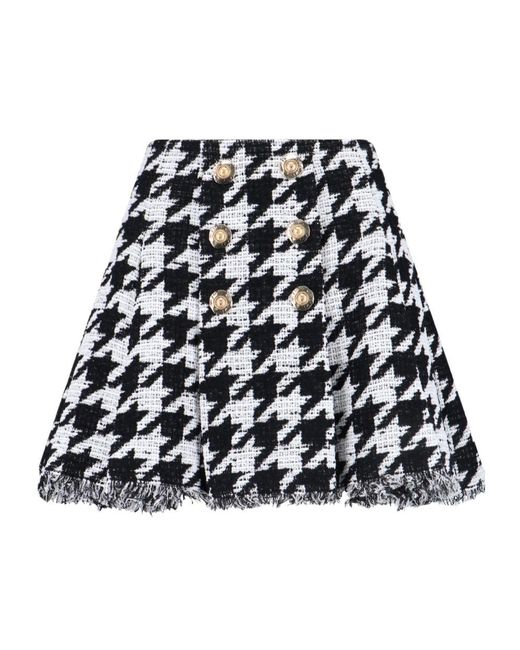 Balmain Black Button Embellished Houndstooth Tweed Mini Skirt