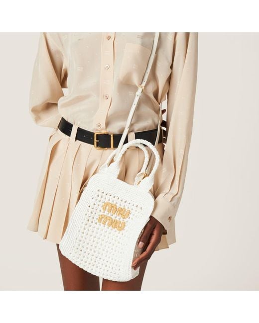 Miu Miu White Raffia-Effect Crochet Fabric Tote Bag