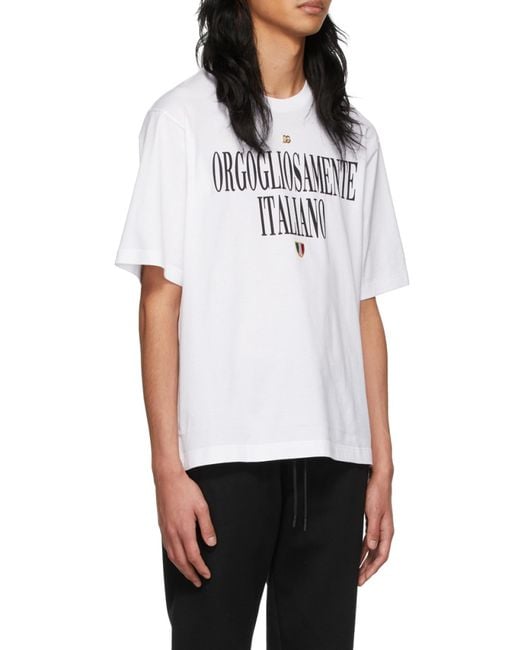 Dolce & Gabbana White Slogan-Print Cotton T-Shirt for men