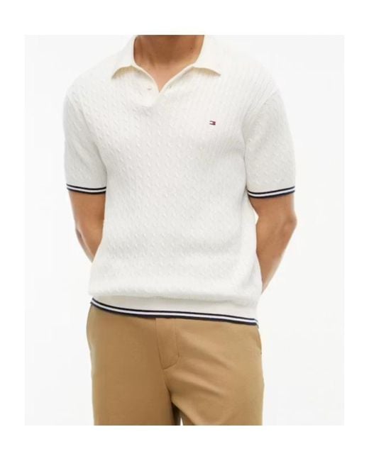 Tommy Hilfiger White Cable-Knit Polo Sweater for men
