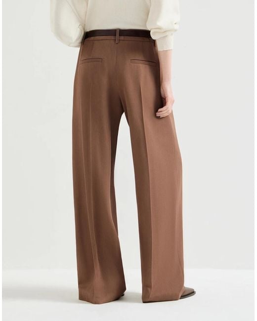 Brunello Cucinelli Brown Virgin Wool And Viscose Tricotine Loose Pleated Trousers With Monili