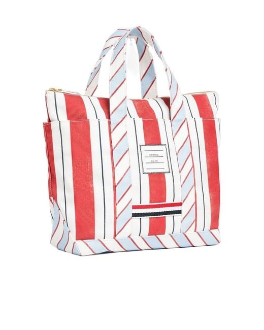 Thom Browne Red Logo Patch Striped Tote Bag for men