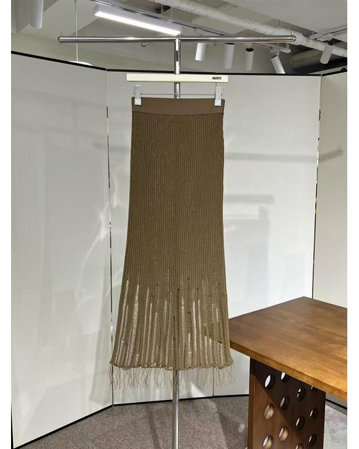 Uma Wang Brown Distressed Ribbed Knit Midi Skirt